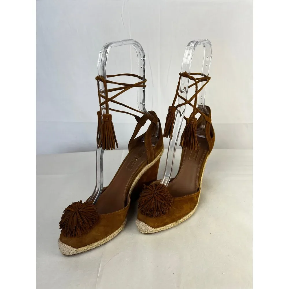 Aquazzura Brown Closed Toe Wedge Heels w/ Pom Pom Toes